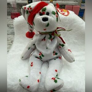 1998 Ty White Holiday Teddy Bear with Red & Green Holly Accents with tag